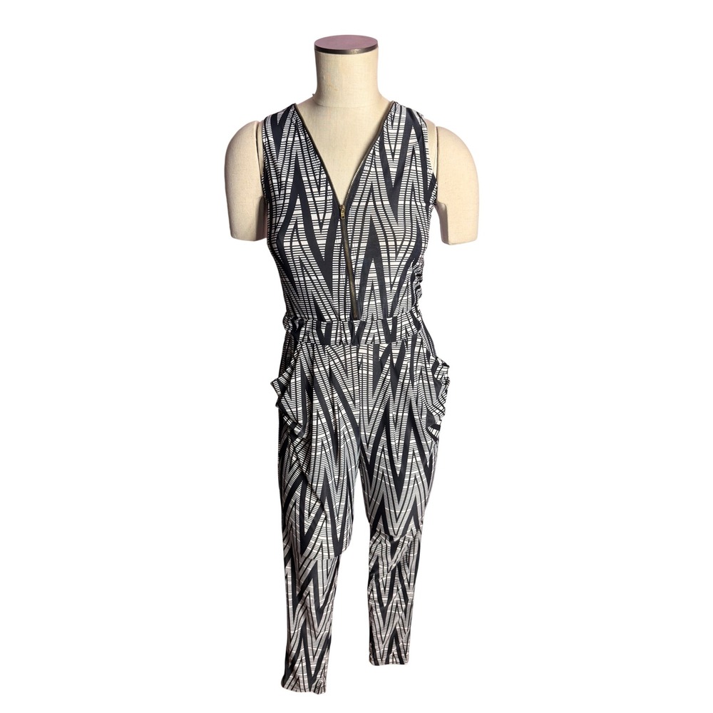 Goodtime USA Jumpsuit Small Black White‎ Geometric Zip Front Sleeveless Pockets